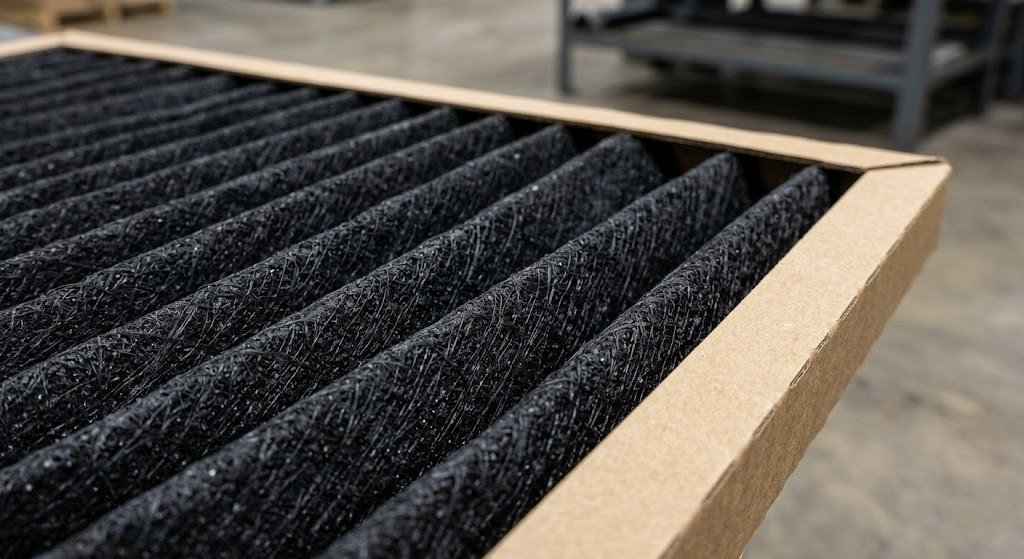 Macro photography of a black pleated carbon panel filter, showing the textured impregnated synthetic media and rigid die-cut beverage board frame, neutral industrial background, ultra-sharp focus.