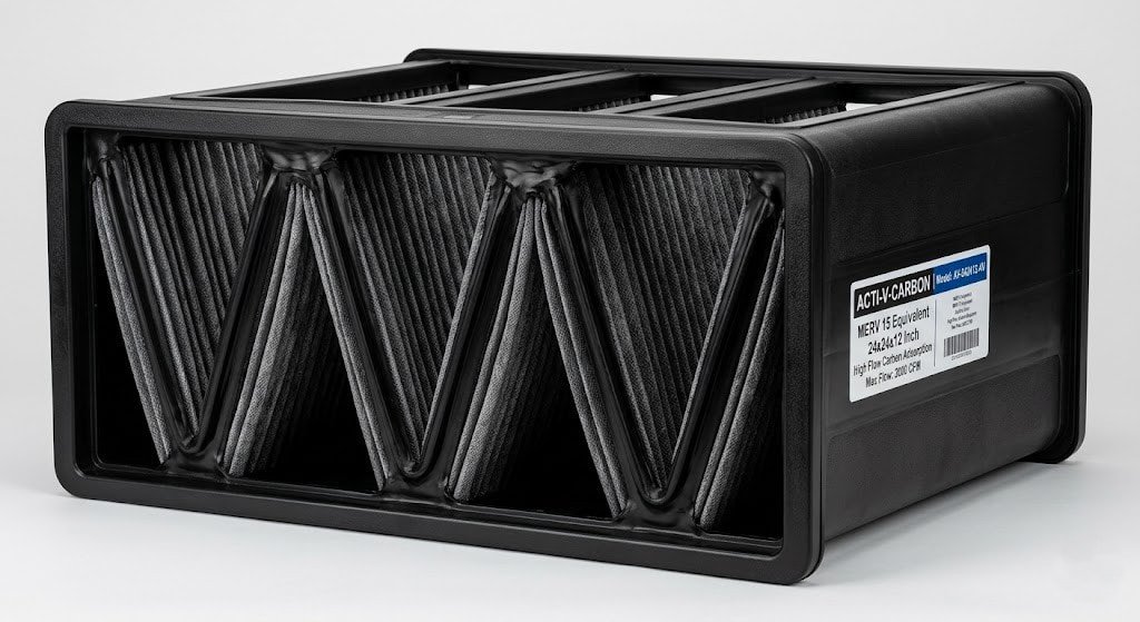 High-resolution catalog shot of a black V-bank rigid carbon filter, showing the aerodynamic plastic frame and dense carbon-loaded media packs, natural micro-shadows, professional B2B lighting.