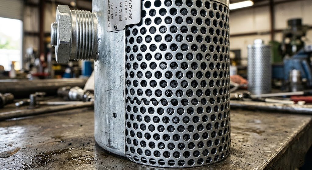 Close-up of an industrial refillable carbon canister, showing the perforated galvanized steel cylindrical casing and visible black activated carbon granules inside, authentic metallic luster with matte finish.