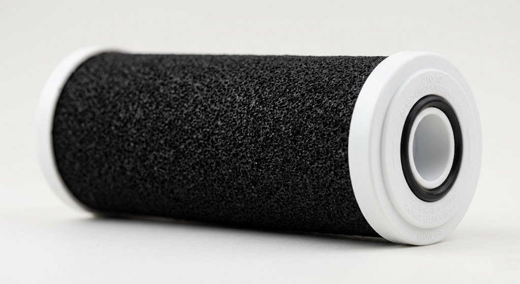 Real-world photo of a carbon block water filter cartridge (CTO), showing the dense, porous black extruded carbon texture and white polyethylene end caps, clean studio setting, highly detailed macro shot.