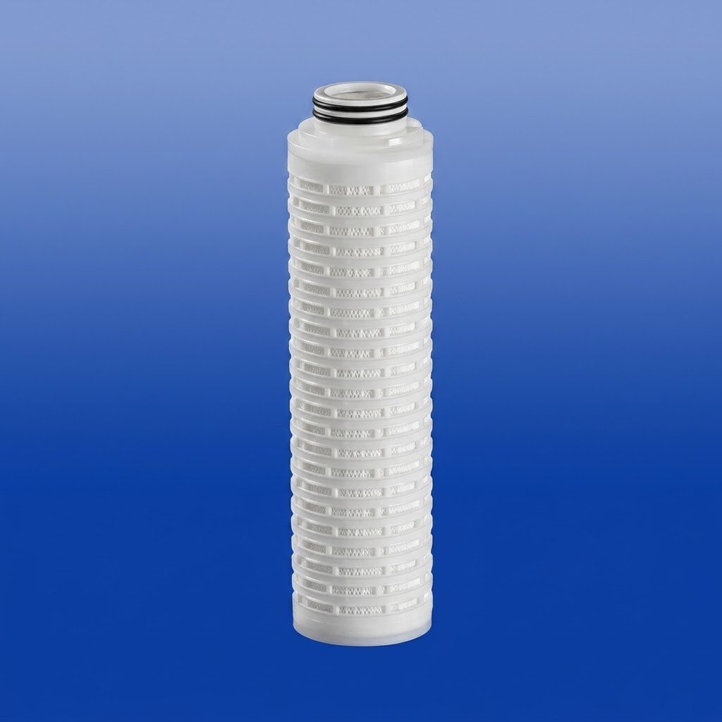 Macro photography of a standard 2.5-inch PP pleated water filter cartridge, pure white media, thermal bonded end cap