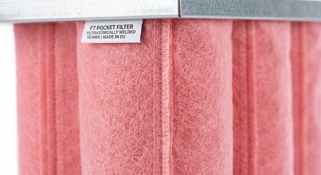 Close-up shot of a pink/light red F7 pocket filter