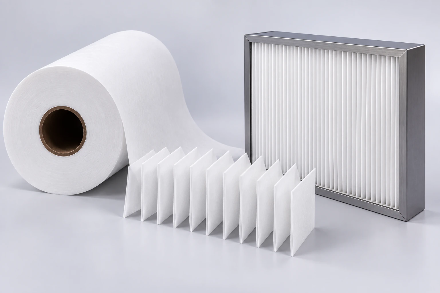 Filter media web passing through processing equipment